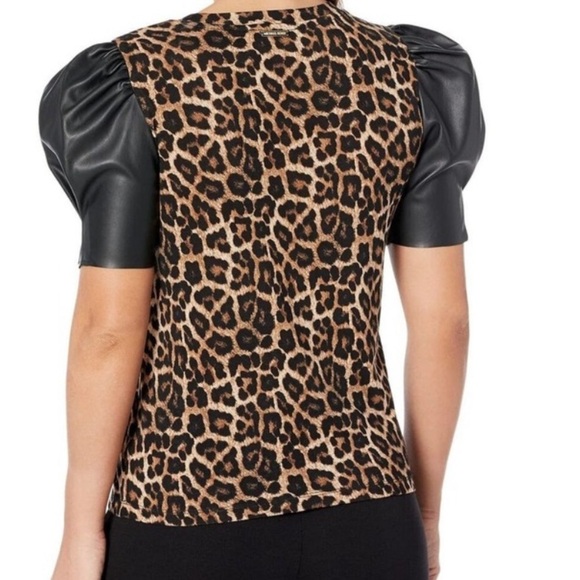 NWT Michael Kors Leopard Print Vegan Faux Leather Sleeve Top Shirt P/S Small - Picture 3 of 14